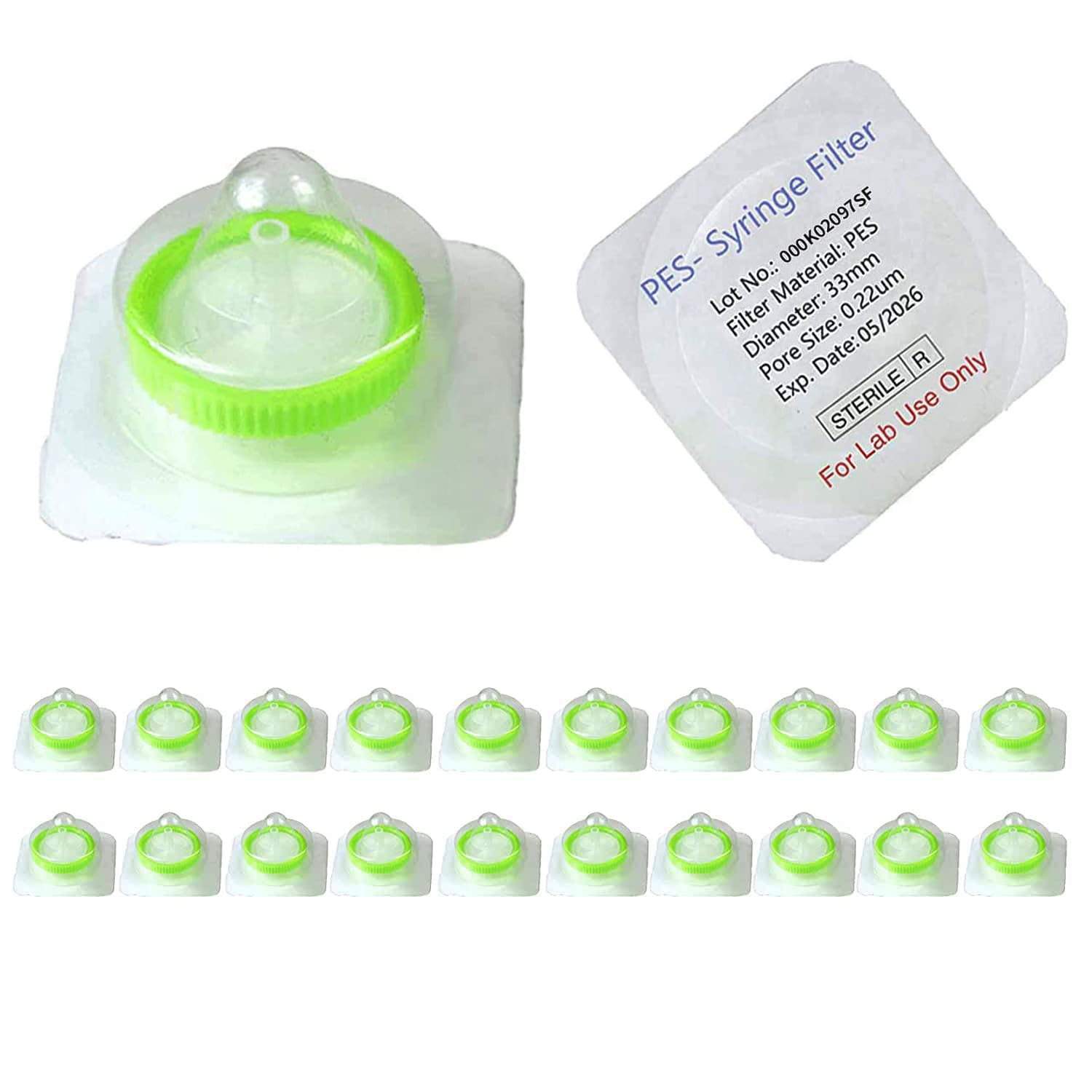 Paquete de 20 filtros de jeringa estéril PES 0.22 um tamaño de poro, diámetro de membrana de 1.299 in, filtración hidroplihica PES de alto