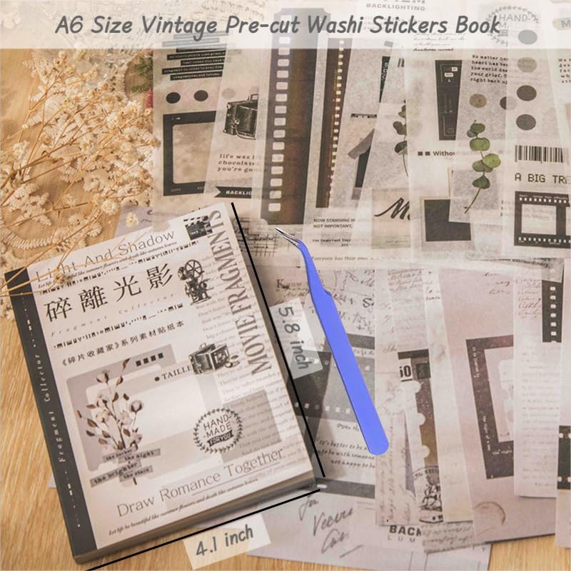 40 hojas de calcomanías Washi vintage para adultos, libro de diario basura efímera con 180 calcomanías de película y 20 papeles adhesivos para