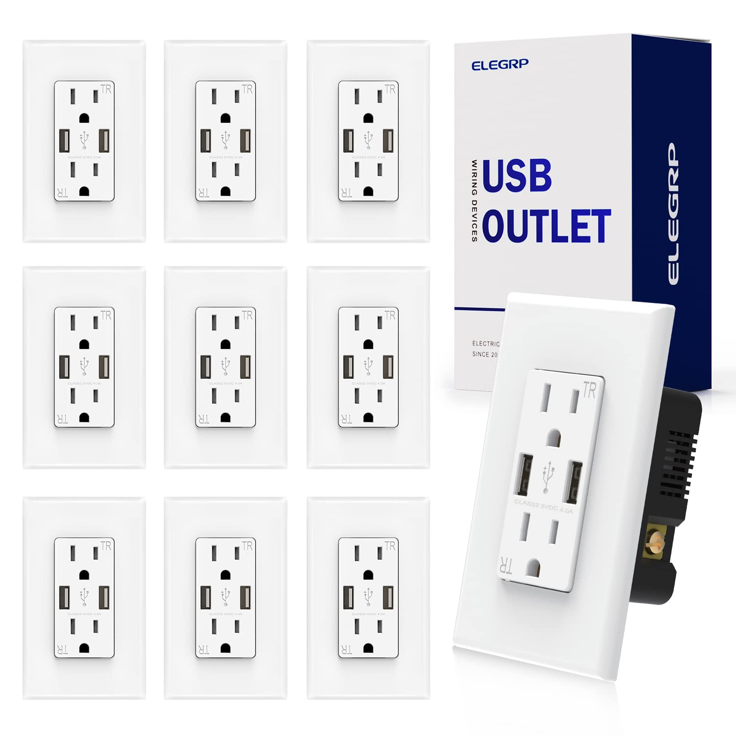 ELEGRP Receptáculo de toma de pared USB con puertos USB duales de 4.0 A, receptáculo dúplex resistente a manipulaciones de 15 amperios, toma de