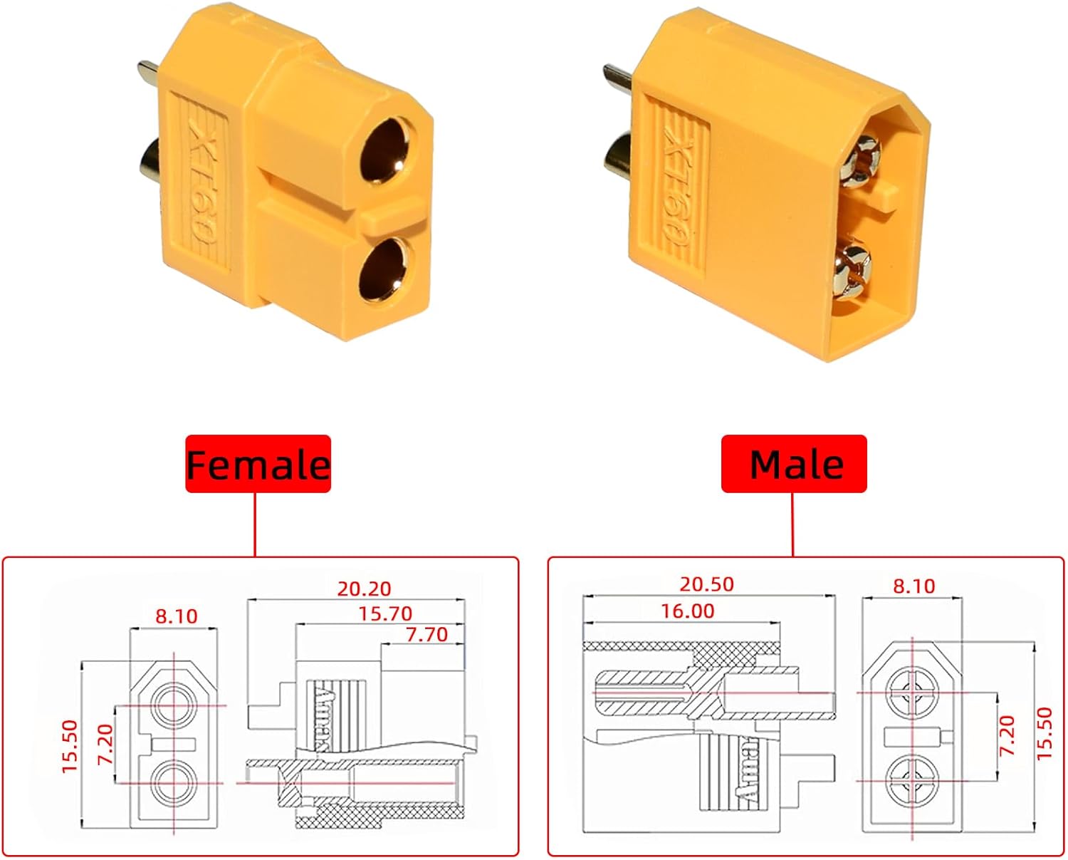 10 pares de conectores XT60 XT60 macho y hembra, conectores de alimentación de bala, adecuados para RC Lipo batería de control remoto de automóviles