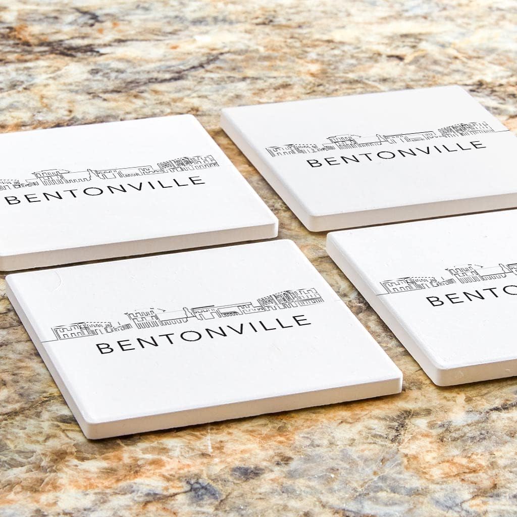 Minimalista B&W Arkansas Bentonville Skyline, Joyride Home Decor, 4 posavasos de cerámica, posavasos cuadrados de 4 pulgadas, juego de 4, parte