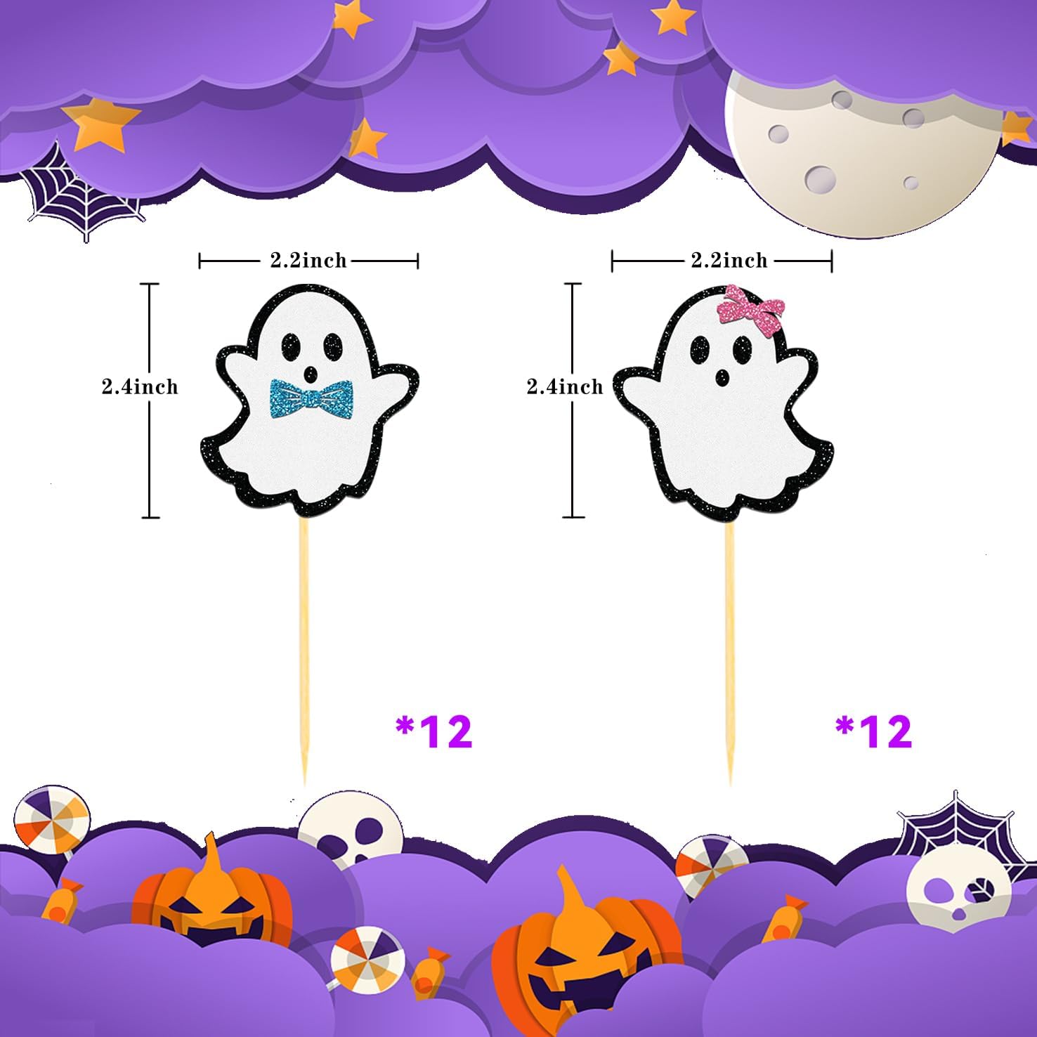 24 piezas de adornos de Halloween para cupcakes fantasmas, palillos de revelación de género para niños y niñas, decoración de pastel de Halloween