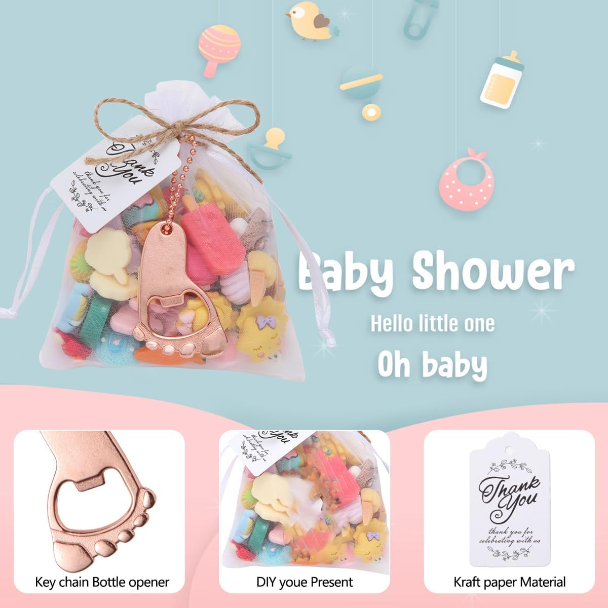 25 piezas de abrebotellas de huellas, recuerdos de baby shower, suministros y decoraciones con bolsas de organza y 1 rollo de cuerda de yute (oro