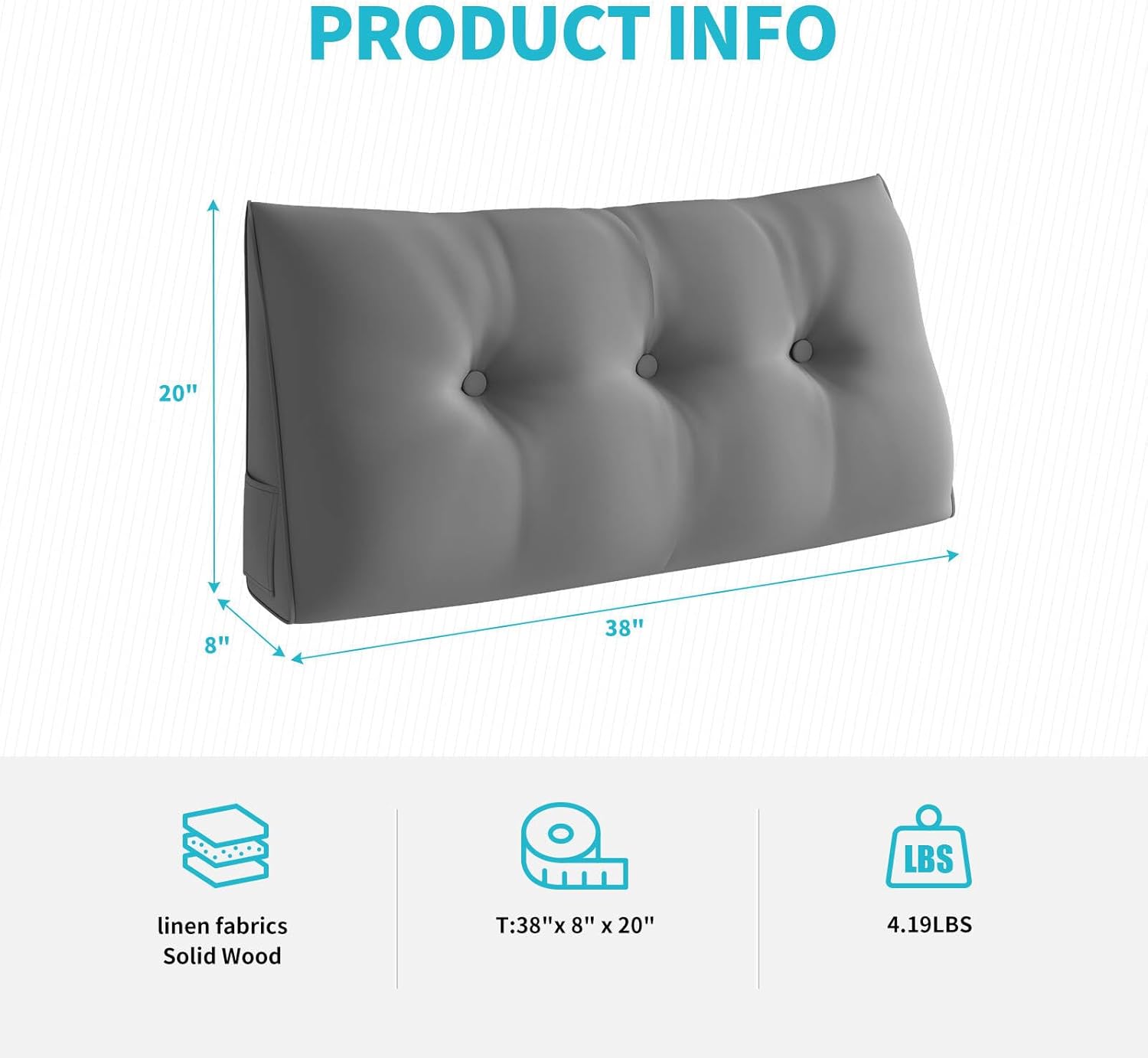CECER Almohada de cabecera para cama individual, almohada triangular grande con dos bolsillos laterales, cojín largo de cuña para cama o mujer
