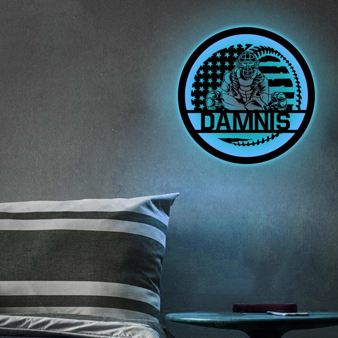 Letrero de metal personalizado para jugador de béisbol con luz LED, nombre y número personalizado, arte de pared de béisbol, letrero de neón con