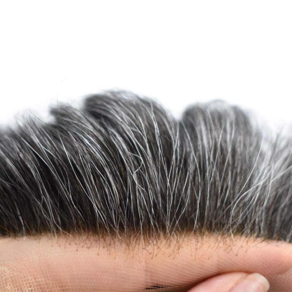 Peluca de encaje francés para hombre con piel de poliéster en el lateral, unidad de cabello transpirable para hombres, nudos blanqueados, protesis