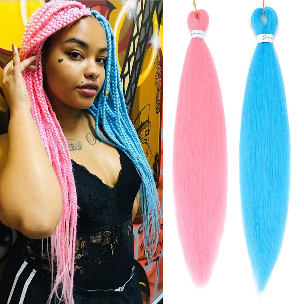 Paquete de 2 paquetes de cabello trenzado rosaazul claro, 26 pulgadas, cabello sintético profesional preestirado, trenzas de ganchillo, extensiones