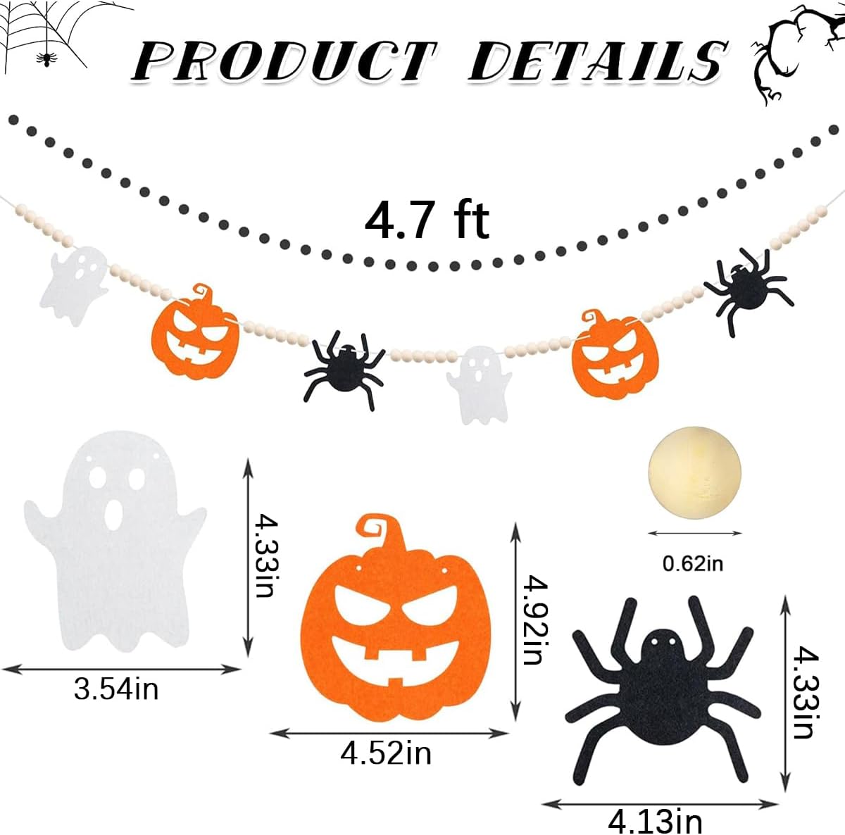 Decoraciones de Halloween Garlan de fieltro para interiores y exteriores, guirnalda de cuentas de madera de araña fantasma de fieltro para