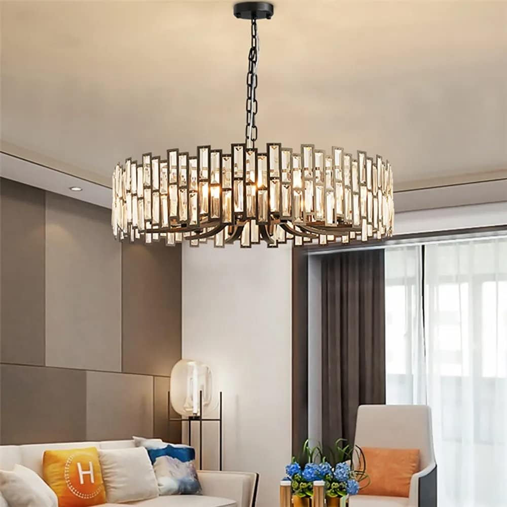 LOVEDIMA Candelabro negro, cristal redondo de 10 luces de altura ajustable para comedor, dormitorio, sala de estar, vestíbulo, isla de cocina