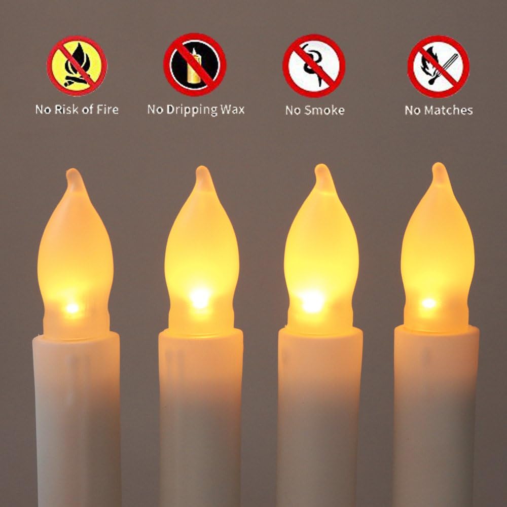 Juego de 12 velas cónicas sin llama parpadeantes color marfil para bodas, fiestas, Navidad, candelabro, luz ámbar, velas cónicas que funcionan con