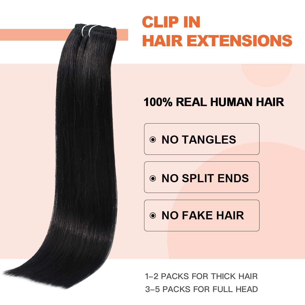 UGOTRAYS Extensiones de cabello humano real con clip, 2.47 oz, 18 pulgadas, 100% cabello humano Remy, color negro natural, lacio, doble trama para