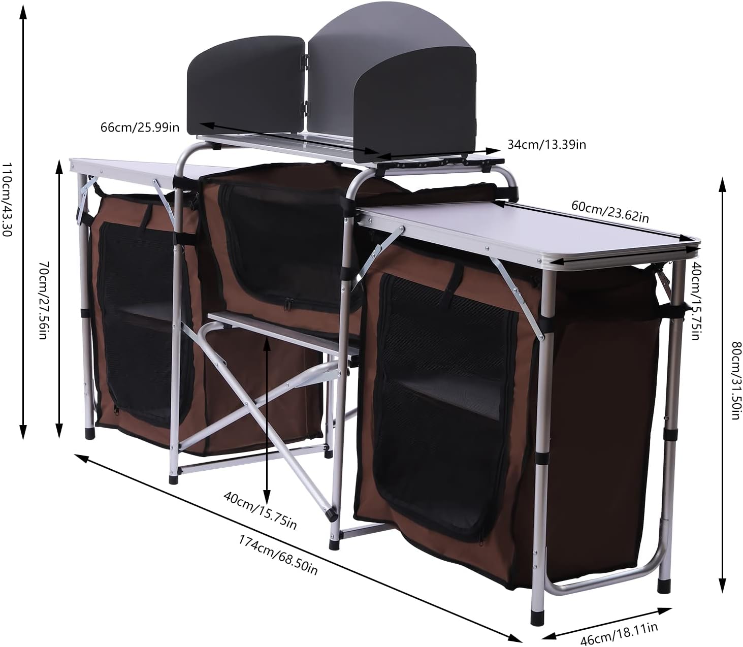 Mesa de cocina plegable para acampar con almacenamiento y 2 mesas laterales, parabrisas desmontable, estación de cocina portátil para campamento al