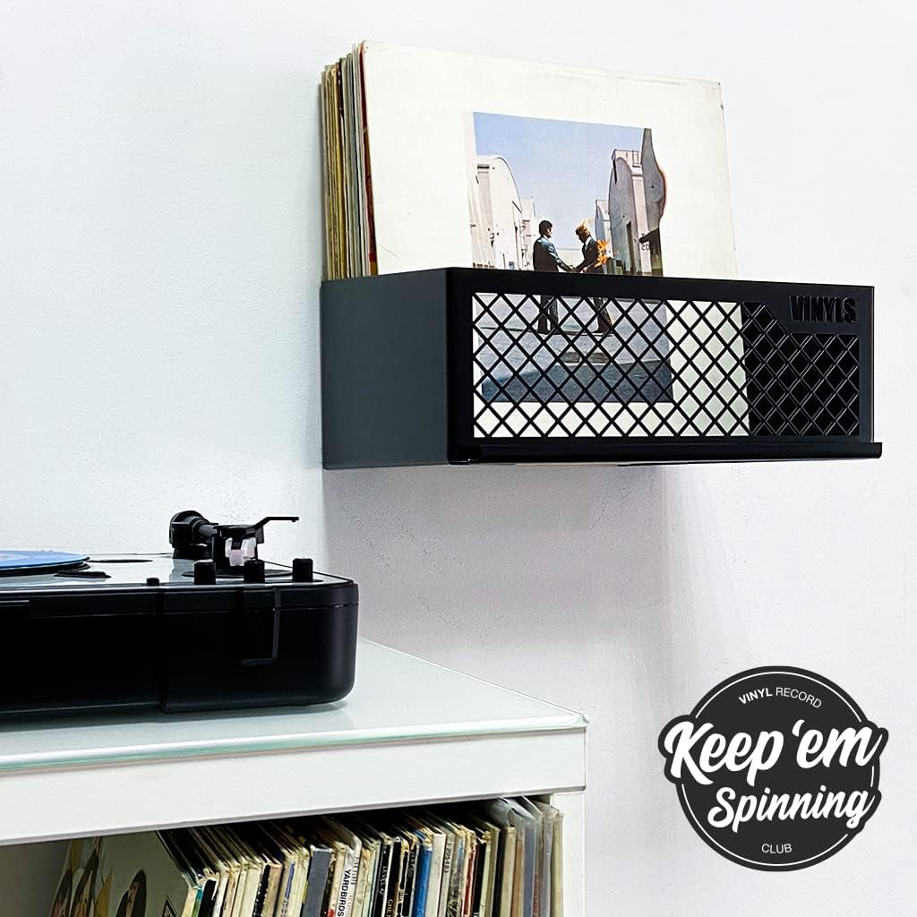 Almacenamiento de discos de vinilo, juego de 2 soportes de montaje en pared para hasta 50 LPs con pantalla de reproducción de Now Play, organizador