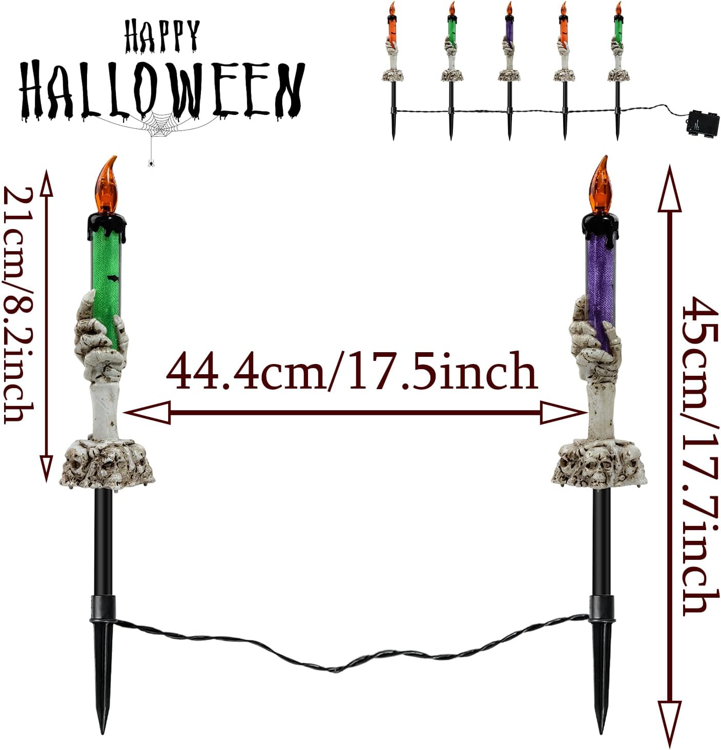 Decoración de luces de jardín de Halloween, paquete de 5 velas de mesa con mano de fantasma de esqueleto, estacas iluminadas para patio para