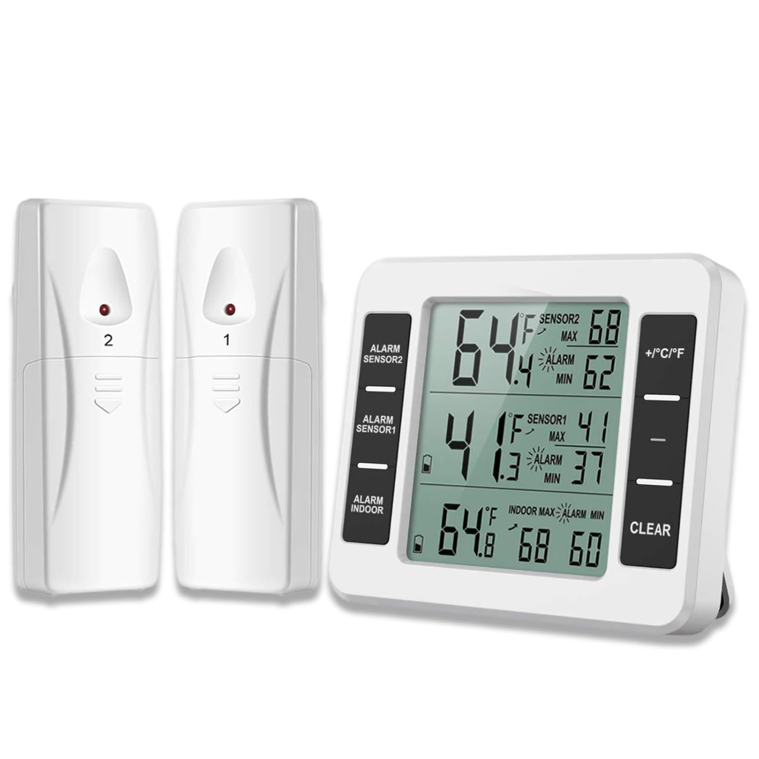 Termómetros para refrigerador con 2 sensores de temperatura inalámbricos, alarmas personalizables para refrigerador y congelador, función de