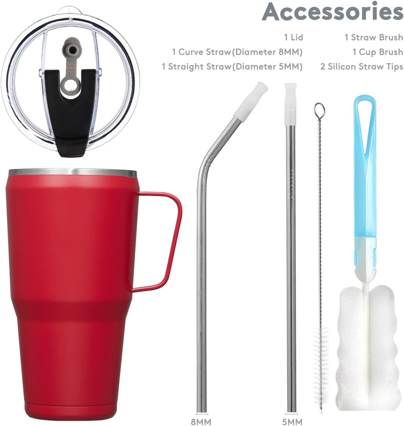 JEAREY Vaso de 30 onzas con asa, vaso de acero inoxidable con tapa y popote, vaso aislado de viaje para bebidas calientes y bebidas frías, vasos