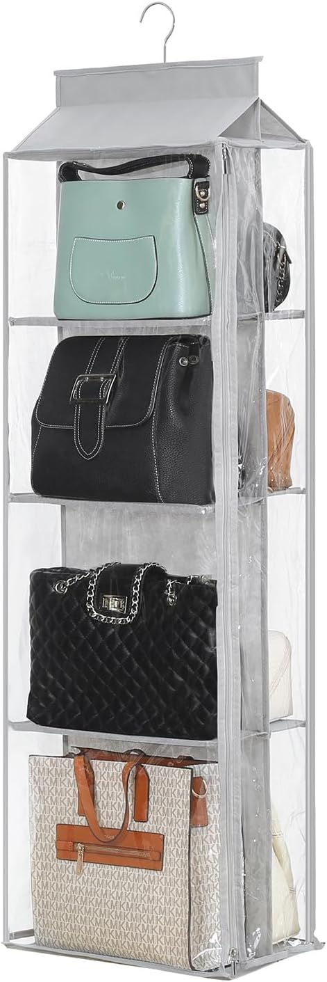 Remittur Organizador de bolso colgante de 8 rejillas en 1 paquete con cremalleras dobles, organizador de bolso visible para armario, soporte de
