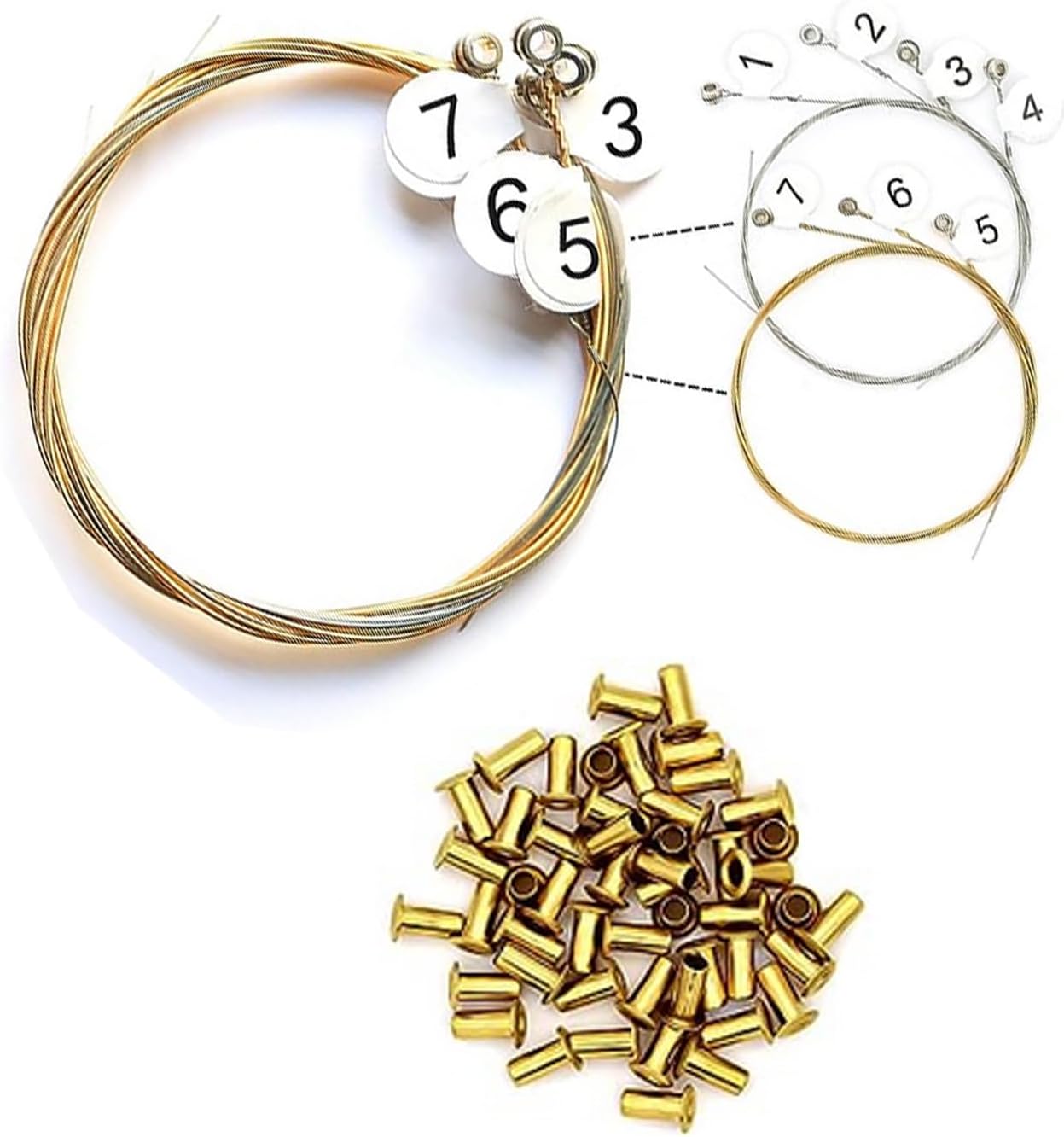 Mulucky Juego de 7 cuerdas de arpa de lira de repuesto con 30 remaches huecos de latón dorado para arpa de lira de 7 cuerdas, 7 cuerdas de arpa de