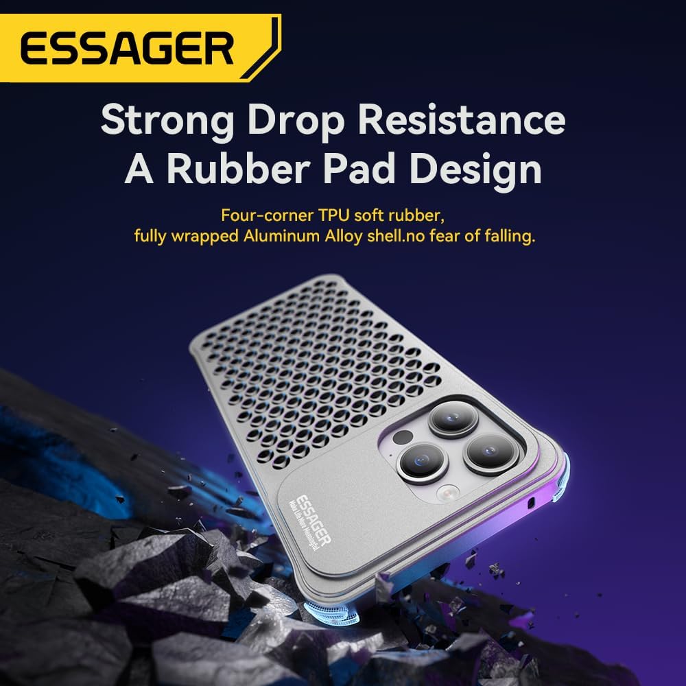 ESSAGER Aleación de aluminio 3D de disipación de calor agujeros anticaída bisel delgado caso para iPhone 13 Pro Max (para iphone13 pro max, gris)