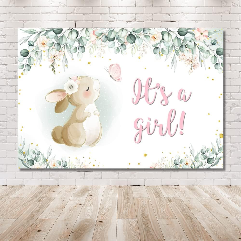 MEHOFOND Fondo para decoración de fiesta de baby shower, de 7 x 5 pies, pancarta de primavera de Pascua, rosa, floral, mariposa, conejo, hojas de