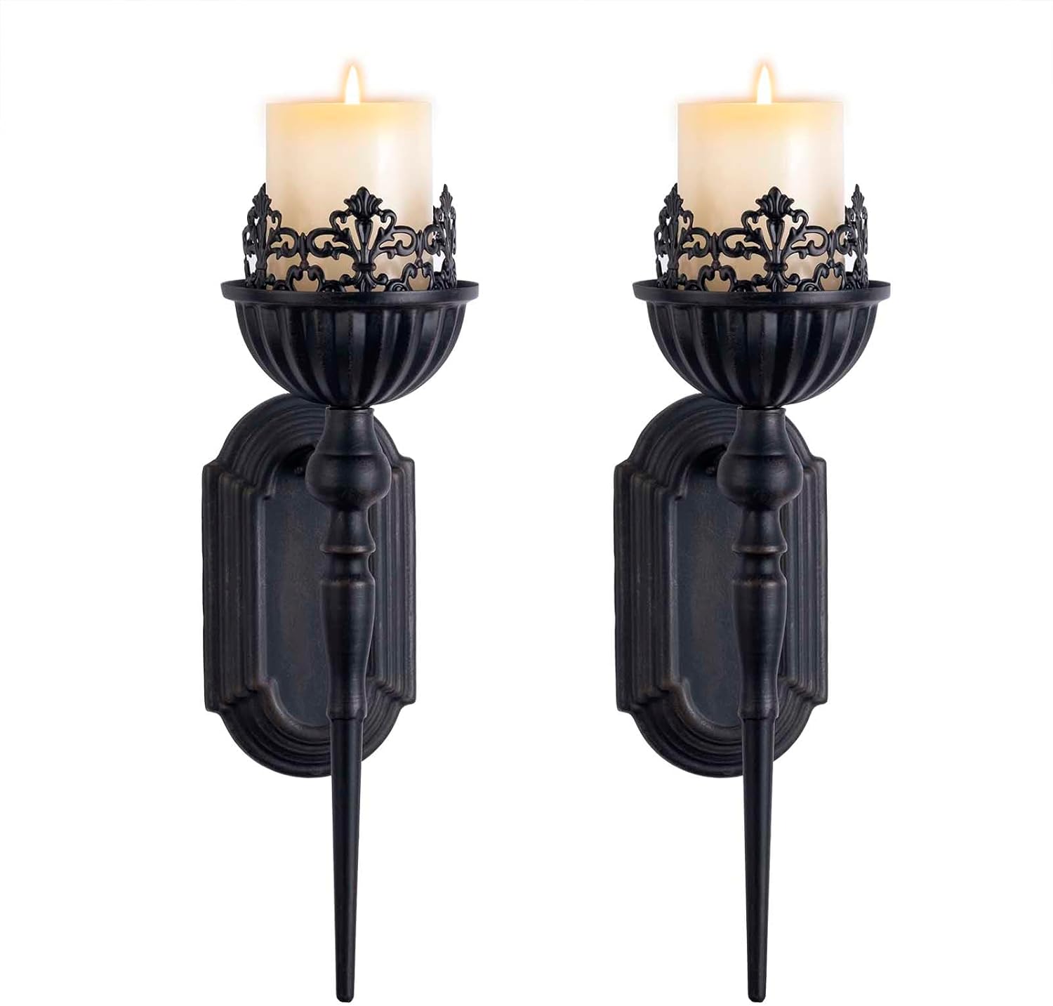 Candelabro de pared (juego de 2) portavelas de metal para colgar en la pared, diseño de corona negra y cetro, portavelas de pared para sala de