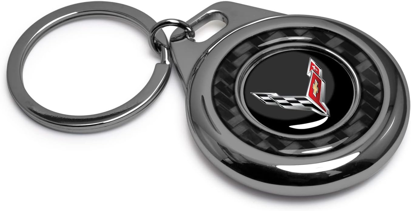 Llavero con caja de metal Roundel de fibra de carbono negro real para Chevrolet Corvette C8, con licencia oficial