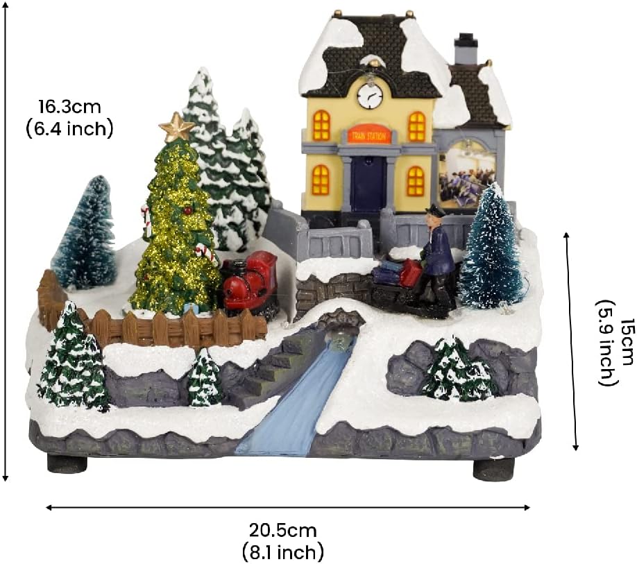 Christmas Village Houses with LED Lights, Train Spinning Under The Christmas Tree, Fiber Optic River, Realistic Christmas Scene,Music Rendering