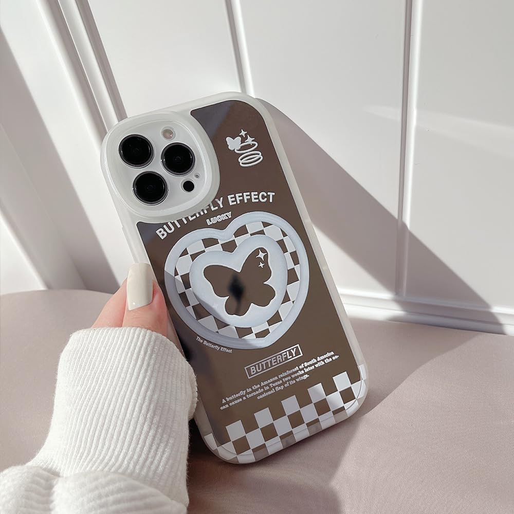 Funda para iPhone 13, diseño de cuadrícula de mariposa con espejo, diseño femenino de dibujos animados Kawaii Y2K, diseño de impresión femenina para