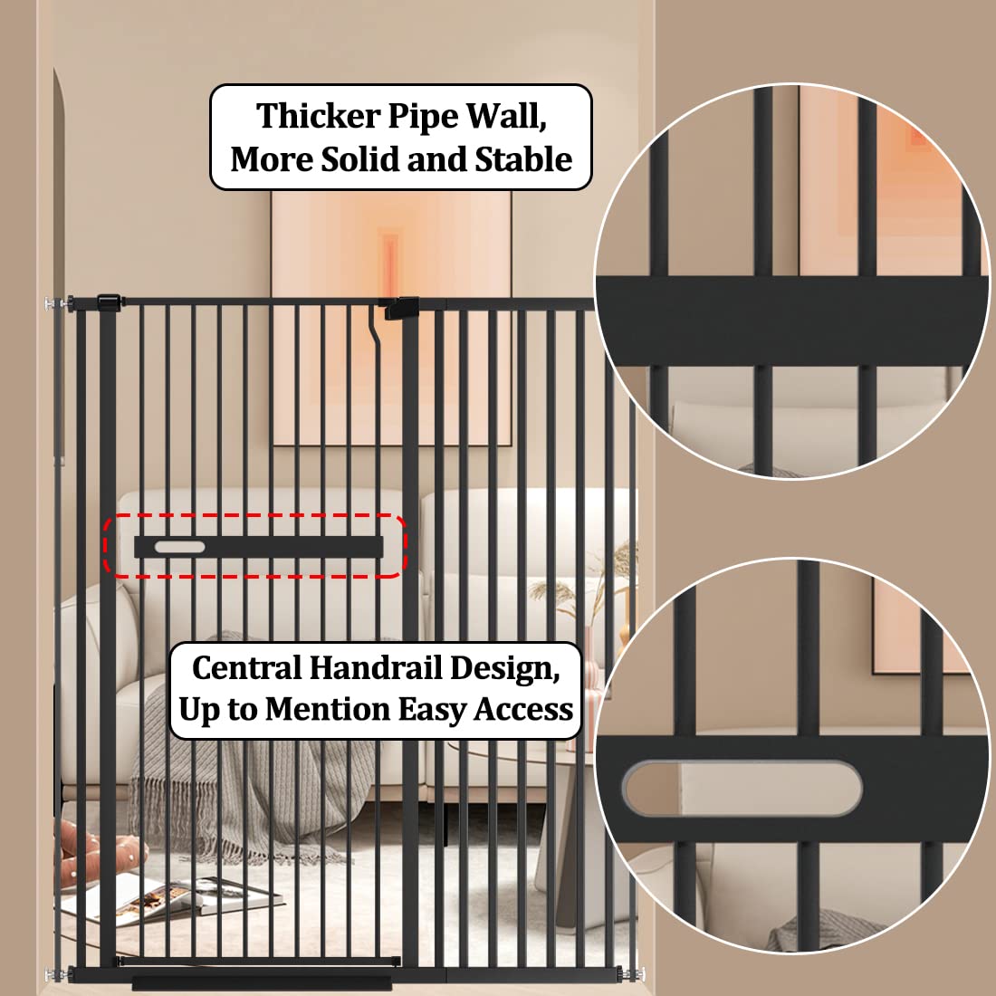 WAOWAO Puerta extra alta de 55.11 pulgadas para gatos y mascotas, 33.07-36.22 pulgadas de ancho, con cierre automático, seguridad de metal negro,