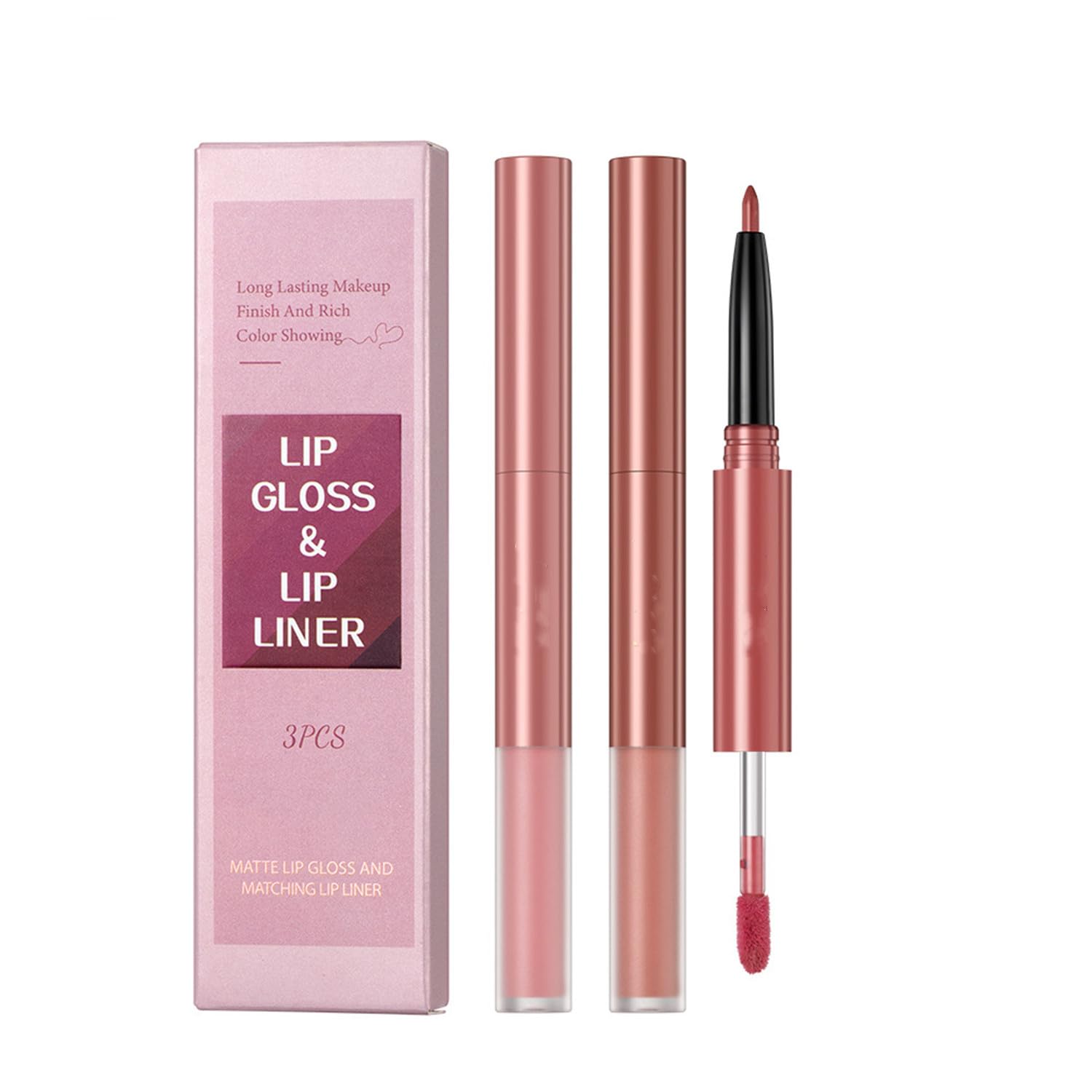 Kit de 3 lápices labiales líquidos mate y delineador de labios 2 en 1, juego de brillo labial pigmentado y delineador de labios de larga duración e