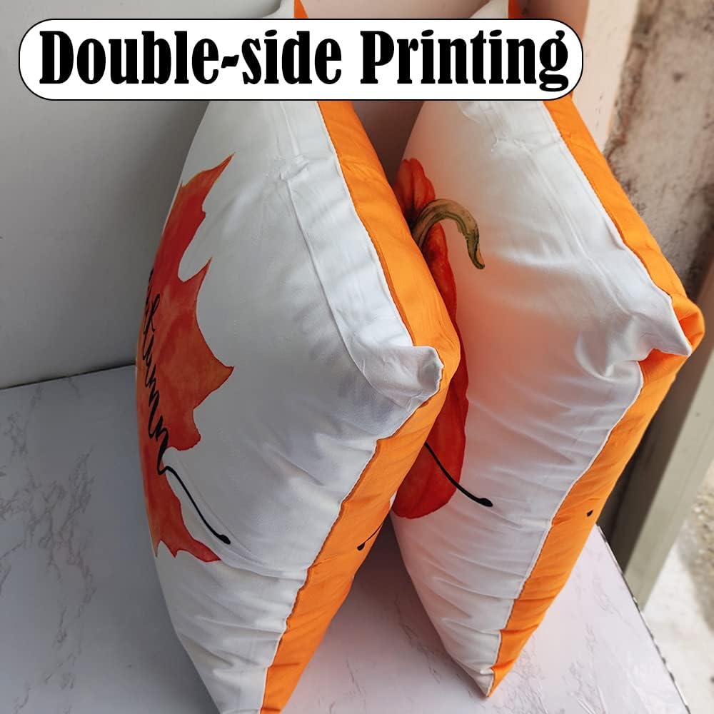 LOZACHE Juego de 2 fundas de almohada de 18 x 18 pulgadas, diseño de hojas de calabaza, fundas de almohada de otoño naranja para sofá, cama, sala de