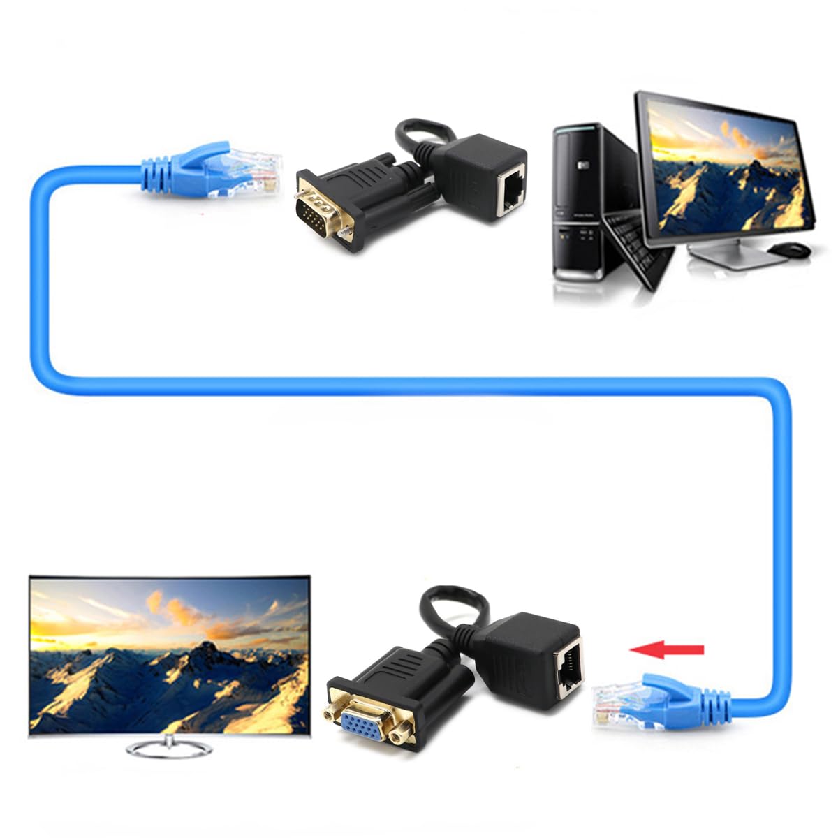 Cable de extensión VGA a RJ45 hembra, VGA de 15 pines macho hembra a RJ45 CAT5 CAT6 Ethernet LAN para video multimedia y extender la distancia de