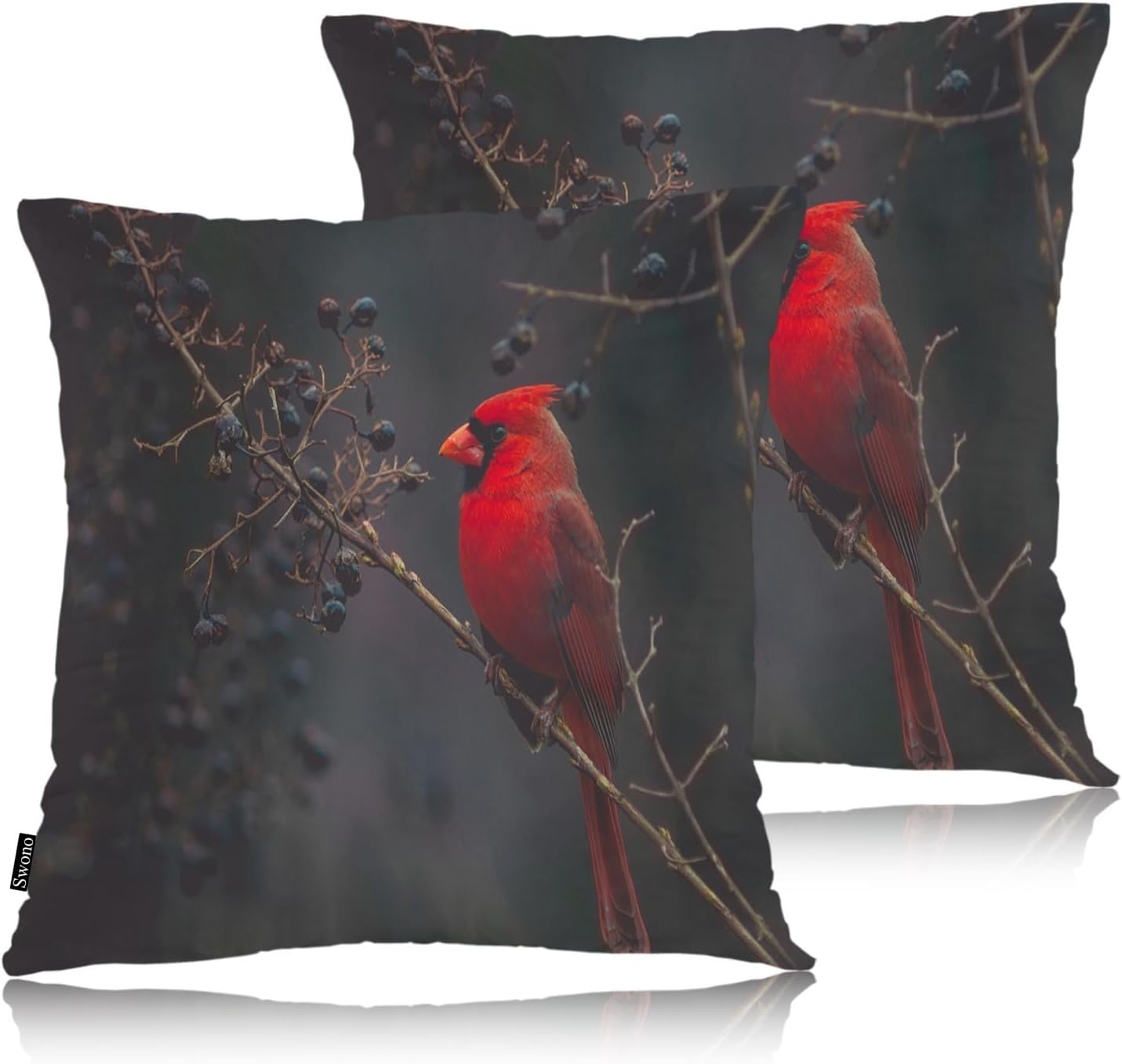 Swono Fundas de almohada de 18 x 18 pulgadas, color rojo cardenal, pájaro y bayas, fundas de cojín bohemias para sofá cama, funda de almohada