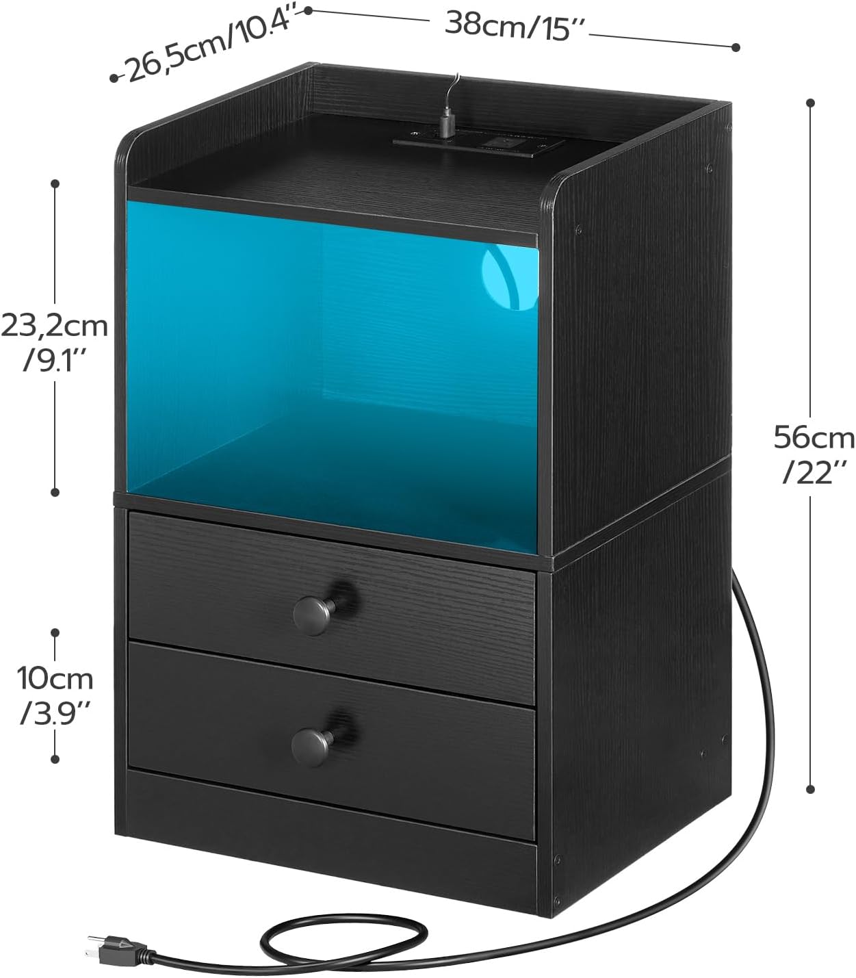 HOOBRO Mesita de noche con estación de carga, moderna mesita de noche con luces LED, mesa auxiliar con 2 cajones, mesa auxiliar con puertos USB y