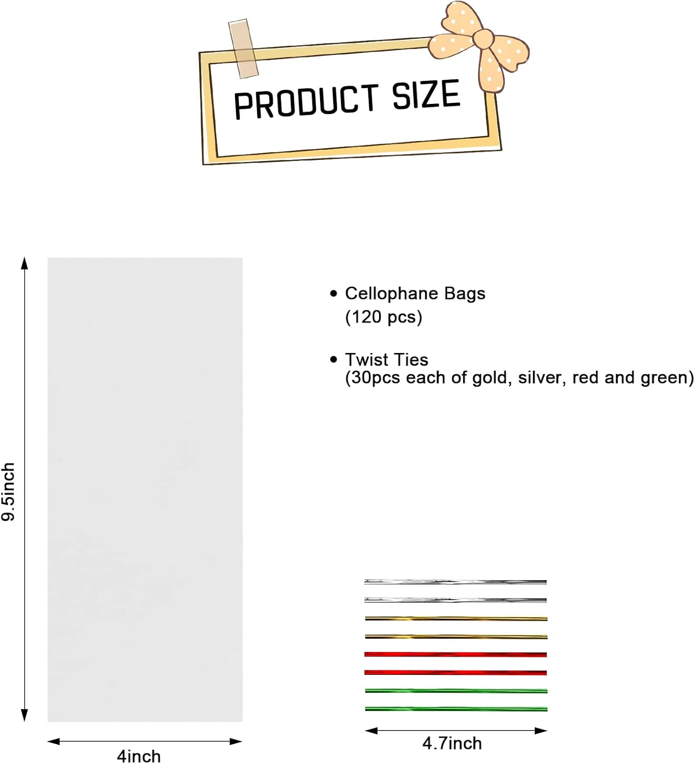 Bolsas de celofán, 120 bolsas de celofán de plástico transparente de 4 x 9.5 pulgadas con lazos giratorios de 4.7 pulgadas, 4 colores surtidos,