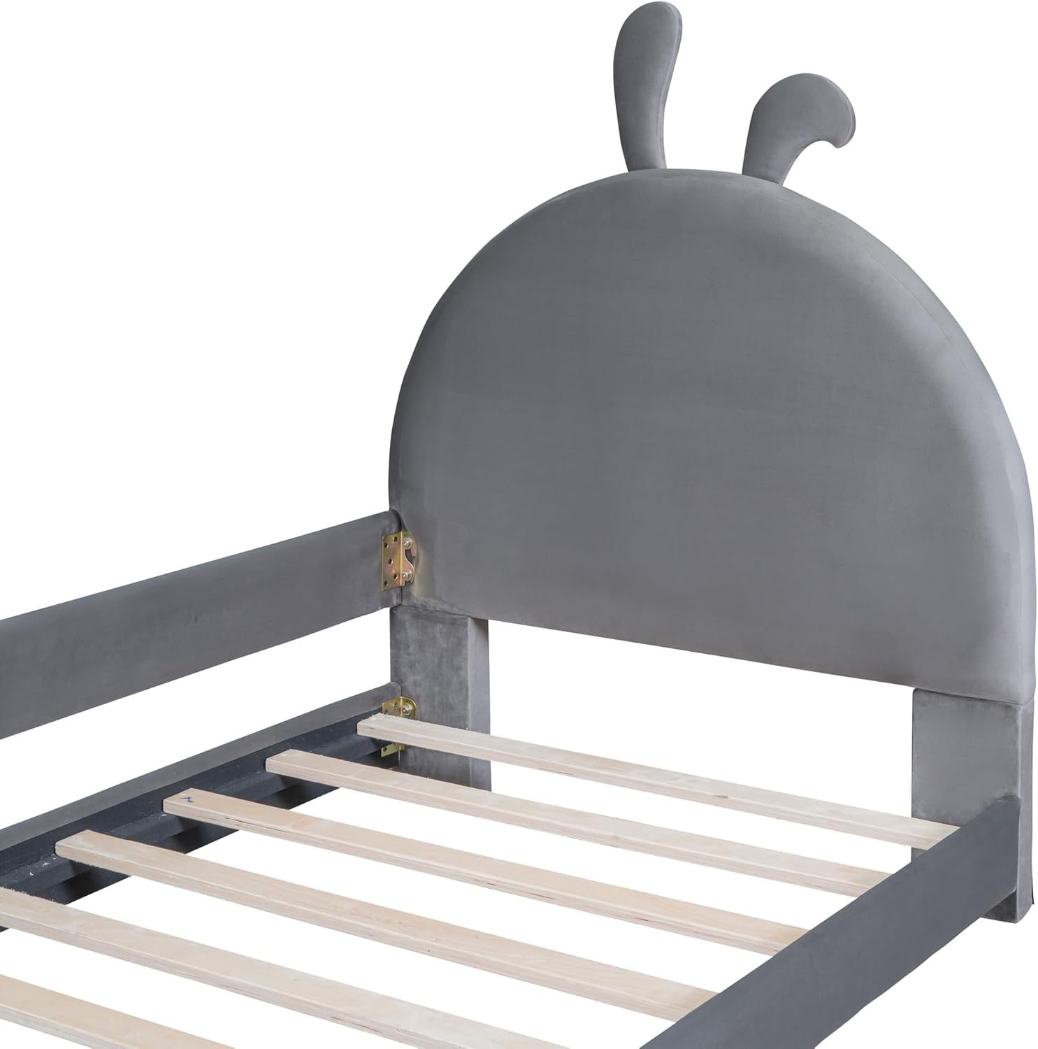 Cama tapizada de tamaño individual con cabecera en forma de conejo, marco de cama de plataforma baja con rieles, sofá cama de terciopelo con soporte