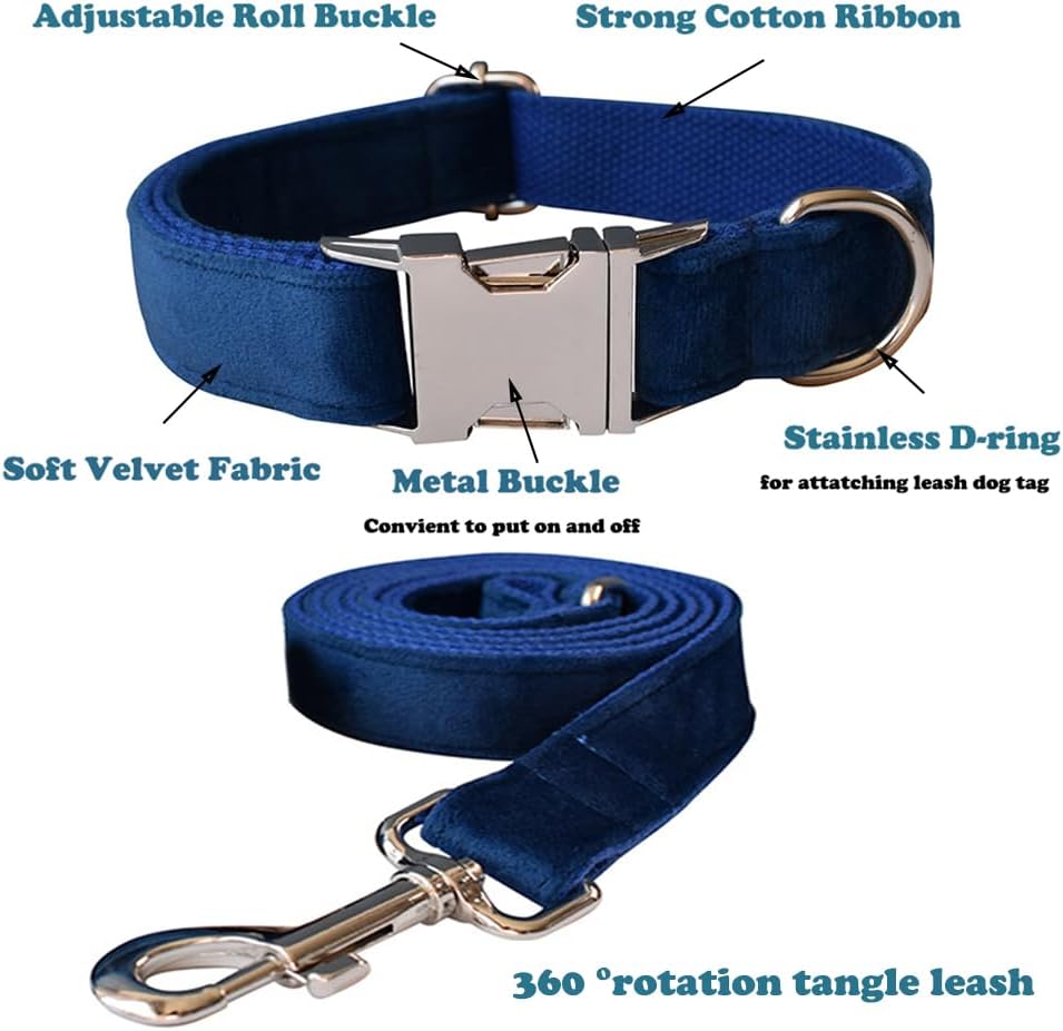 Juego de collar y correa de terciopelo para perro, collar y correa de perro suaves y cómodos, collares ajustables con hebilla de metal resistente