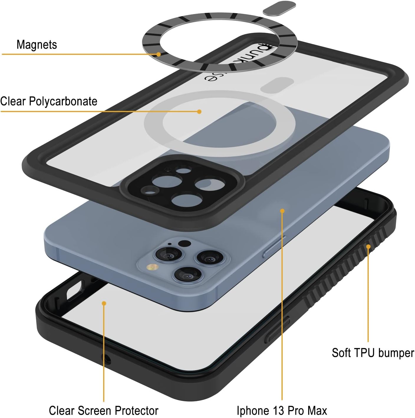 Punkcase Funda impermeable para iPhone 13 Pro Max Serie Extreme Mag Ajuste delgado Certificado IP68 A prueba de golpes Funda de armadura con