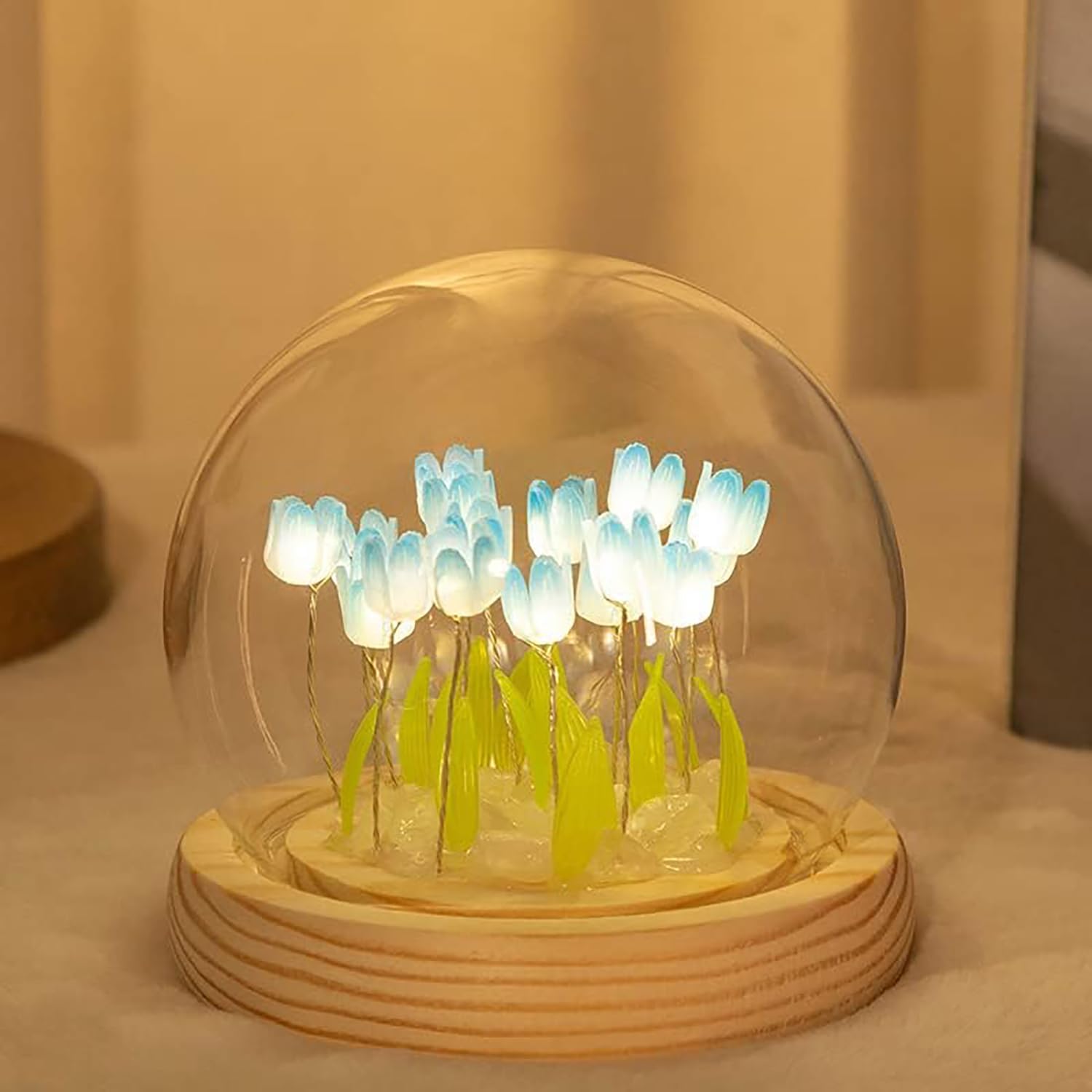 Luz nocturna de tulipán DIY, decoración de muebles hecha a mano, 13 flores, flores de simulación azul, lámpara de mesa para dormir, ornamento de