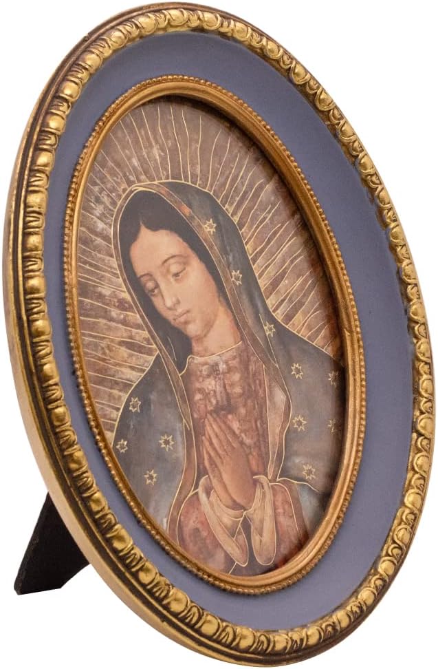 Arte religioso en tono dorado ovalado y marco azul  Set en cualquier superficie plana de tu hogar  Gran regalo católico para la primera comunión,