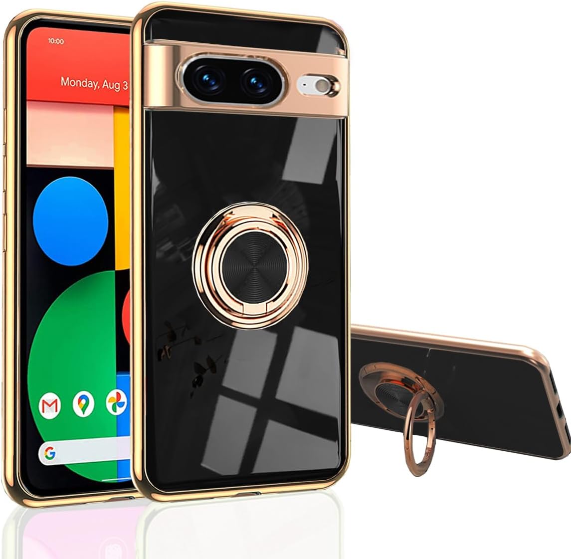 Funda para Google Pixel 8  Slim Fit soporte giratorio de anillo lujoso color dorado metal cubierta de silicona suave TPU protección a prueba de