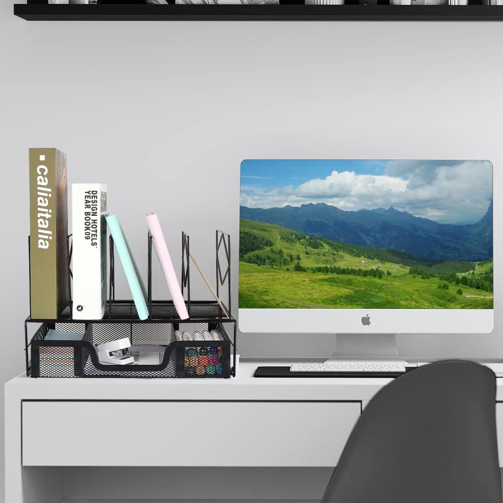 Spacrea Organizadores de escritorio y accesorios, organizador de archivos con 5 secciones verticales + cajón deslizante, organización y