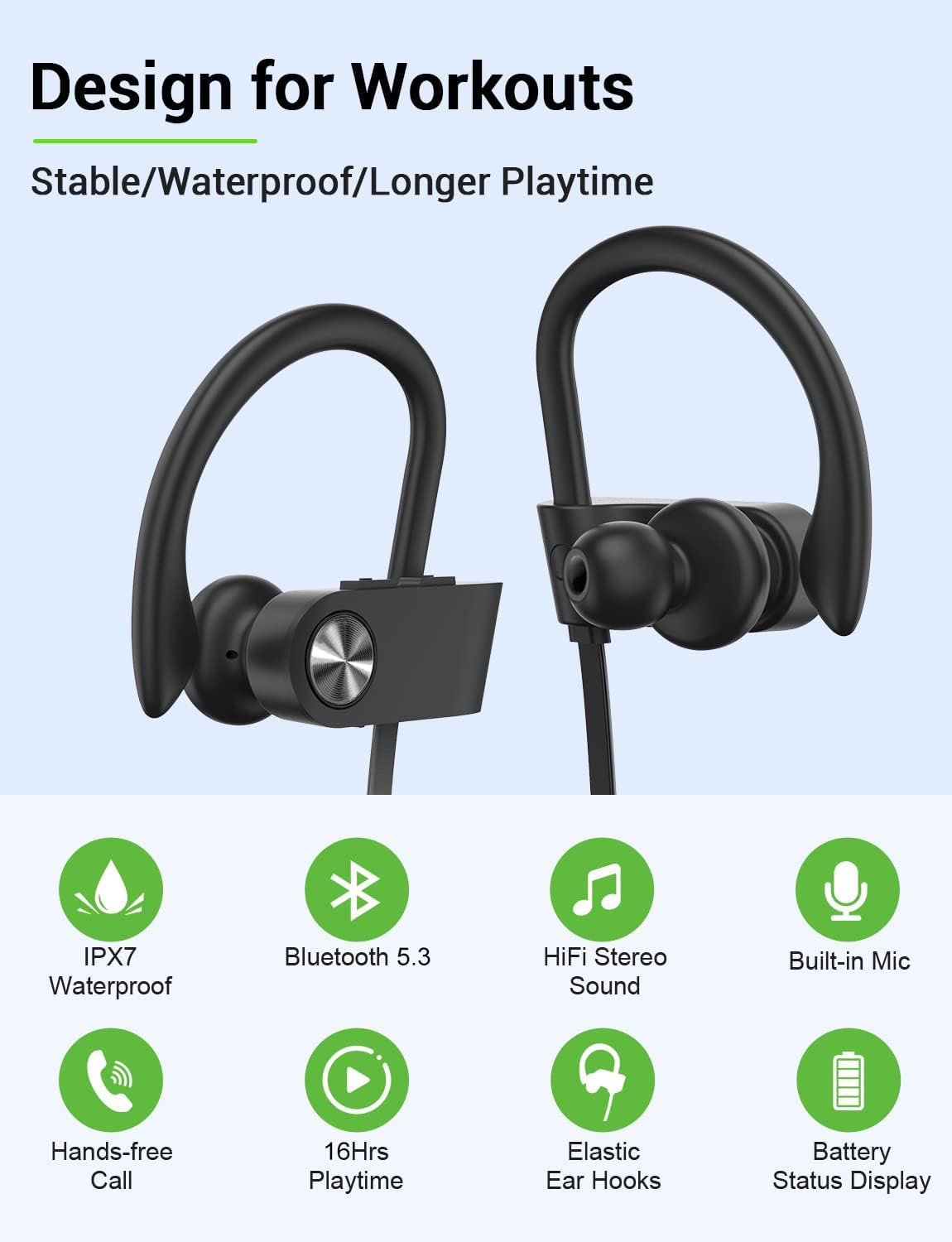 Stiive Auriculares Bluetooth, auriculares deportivos inalámbricos IPX7 impermeables con micrófono, auriculares estéreo a prueba de sudor,