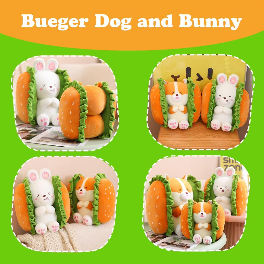 ELAINREN Juguete de peluche de conejo de hamburguesa, linda almohada de peluche de conejito de comida suave, muñeca de peluche de conejo blanco,