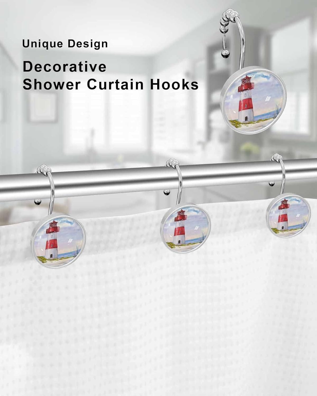 Juego de 12 ganchos para cortina de ducha, diseño retro de cristal de agua rojo y blanco, anillos de cortina de ducha para baño, decorativos de