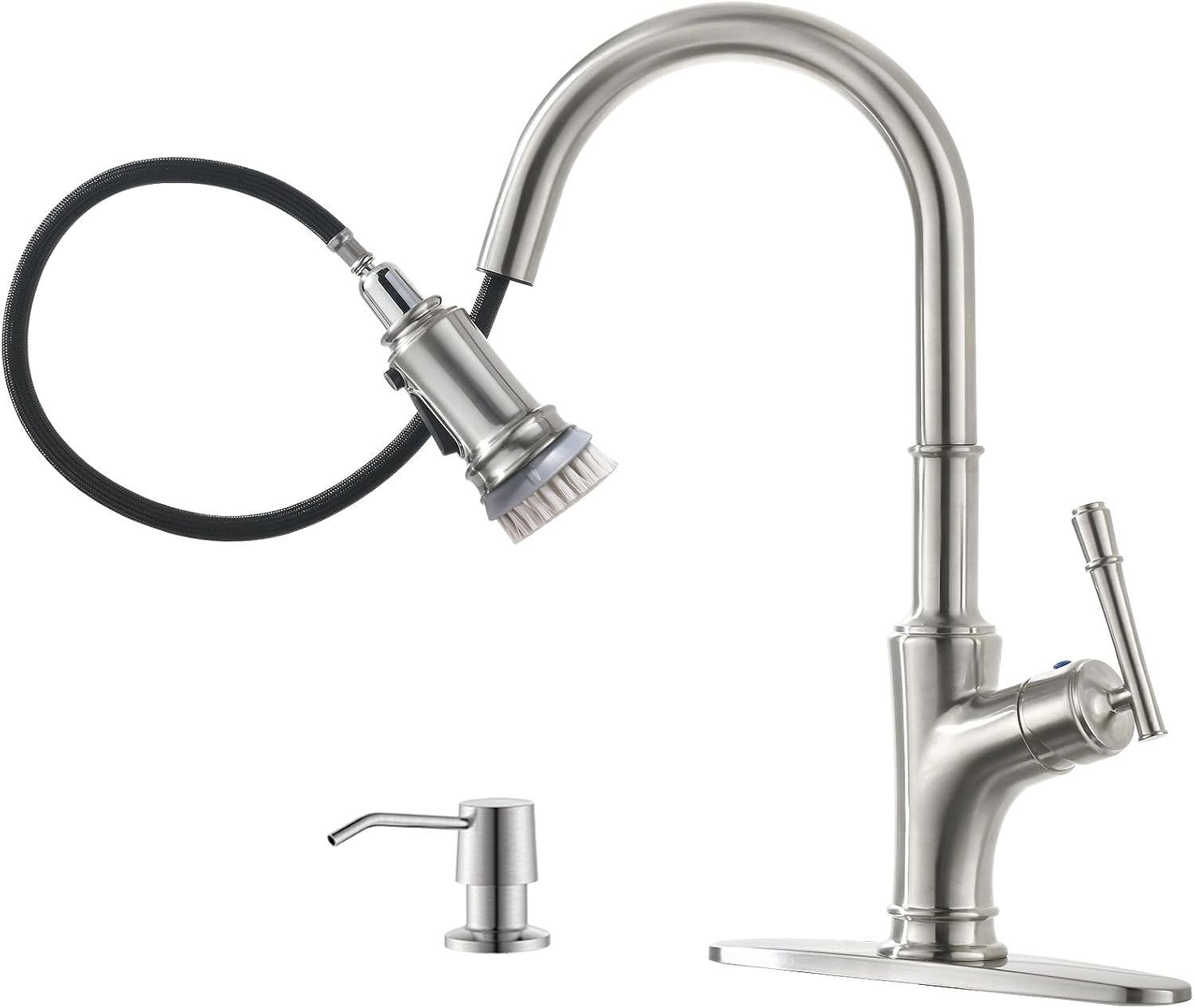 APPASO Grifo de cocina con dispensador de jabón  Grifo de fregadero de cocina con rociador desplegable de una sola manija, níquel cepillado, grifos