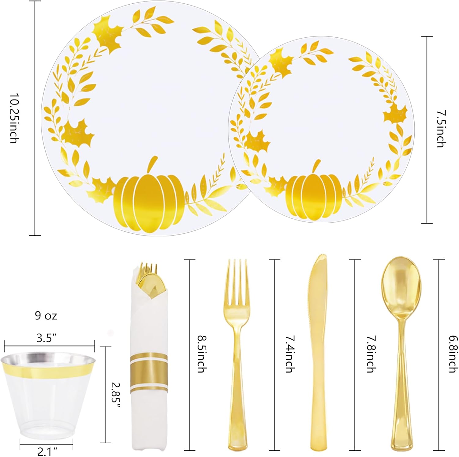 Ciaell 175 platos de plástico de Acción de Gracias  Platos de plástico desechables para otoño  Los platos de plástico blanco y dorado incluyen 50