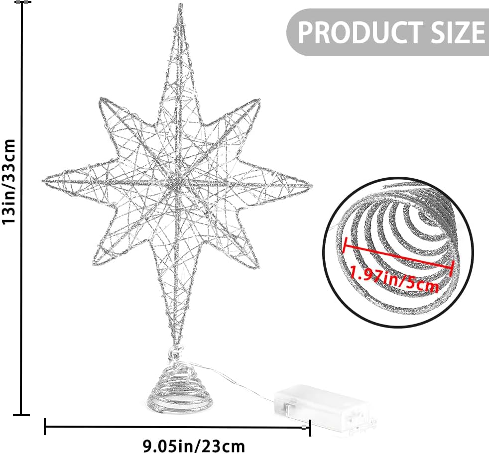Decoración para árbol de Navidad de 13.5 pulgadas, estrella plateada con 20 luces LED para decoración de árbol de Navidad, adorno para Año Nuevo,