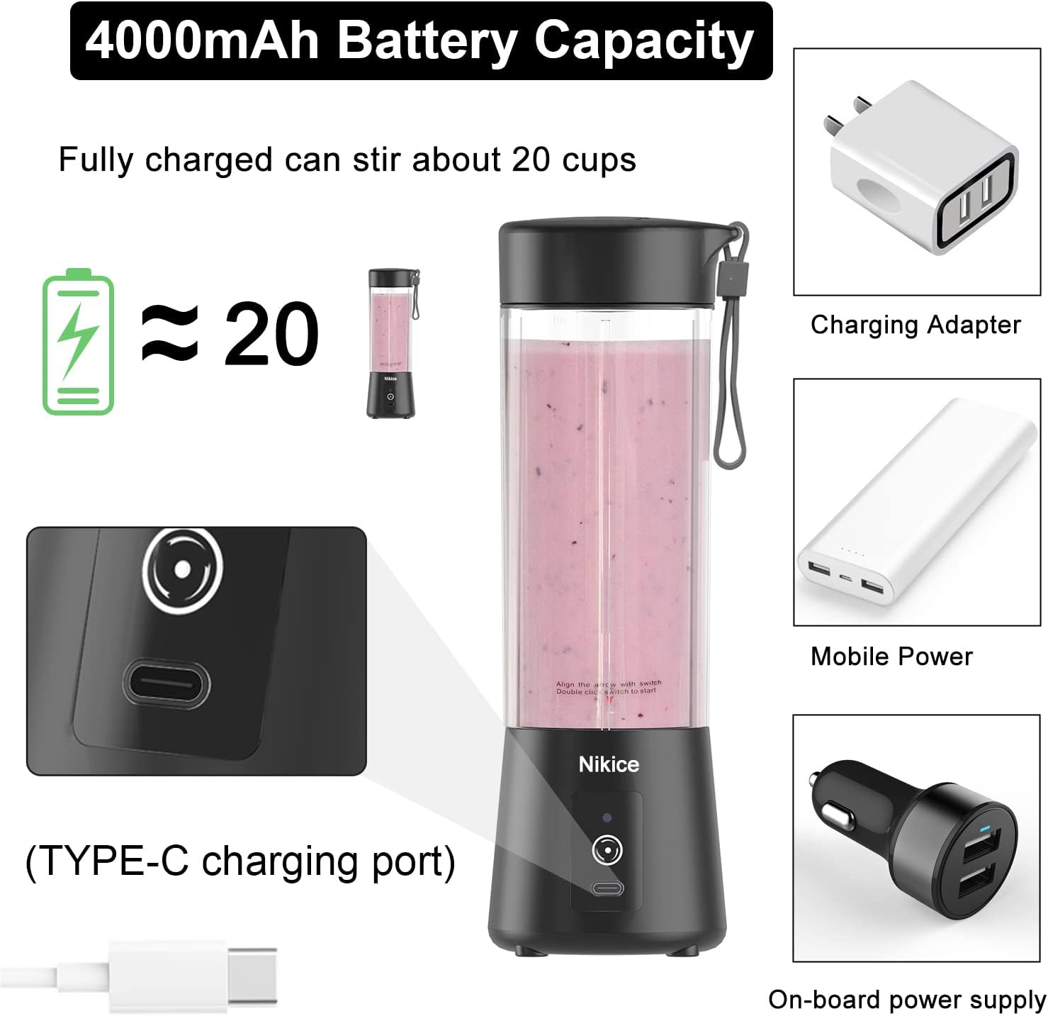 Licuadora portátil, tamaño personal, licuadora exprimidora, recargable por USB para batidos y batidos (negro)