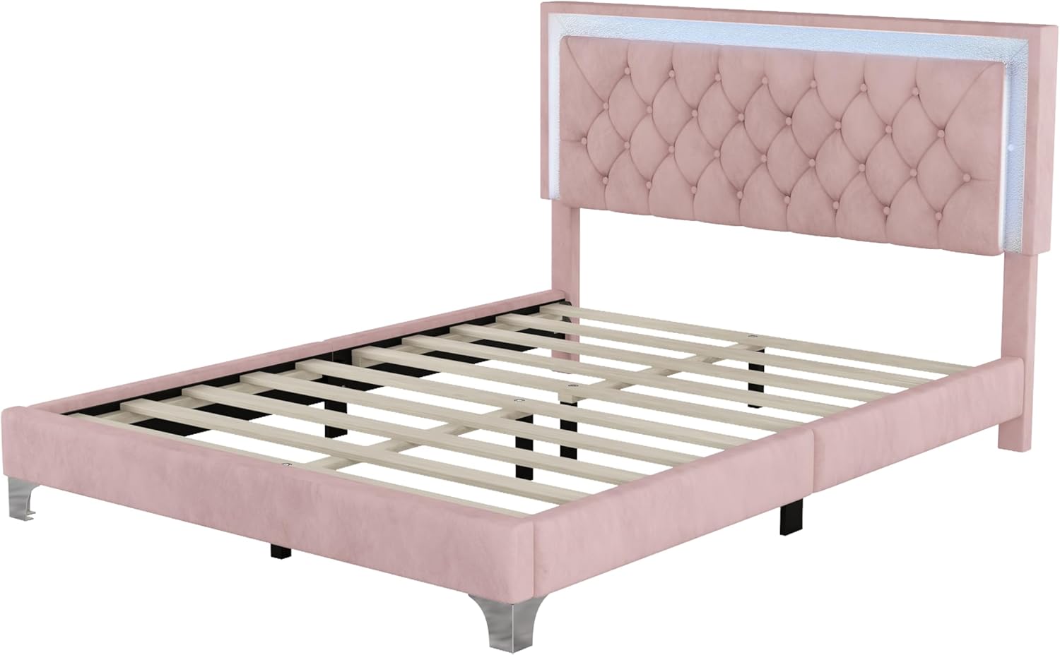 Base de cama tapizada tamaño Queen con luces LED, cama de plataforma de terciopelo moderna con cabecera capitonada de cristal, para niños,